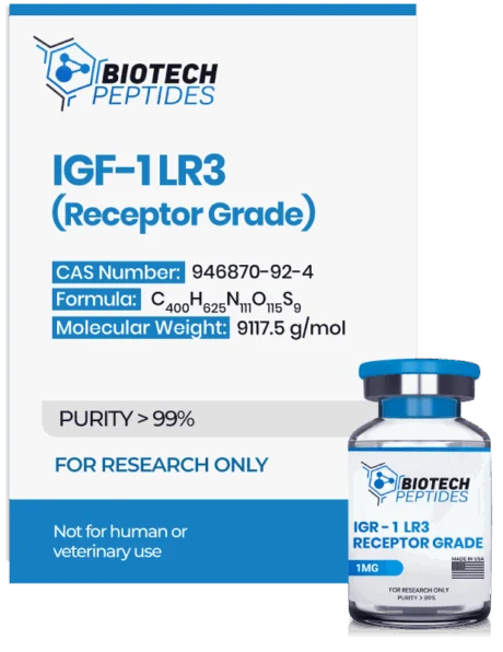 “Receptor Grade IGF‑1 LR3 vial for muscle growth, cell regeneration, and performance enhancement.