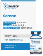 Semax peptide vial with high purity for laboratory and scientific research applications.