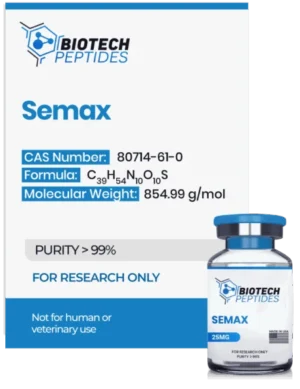 Semax peptide vial with high purity for laboratory and scientific research applications.