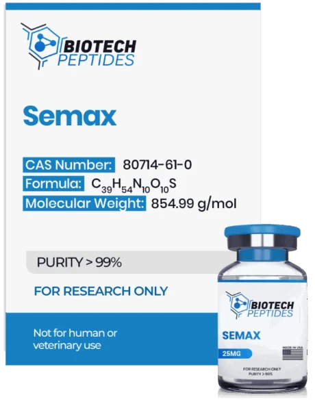 Semax peptide vial with high purity for laboratory and scientific research applications.