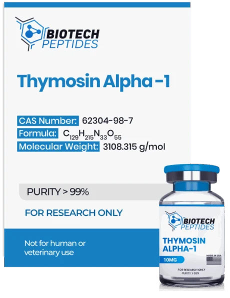 Thymosin Alpha-1 peptide vial with high purity for laboratory and scientific research applications.